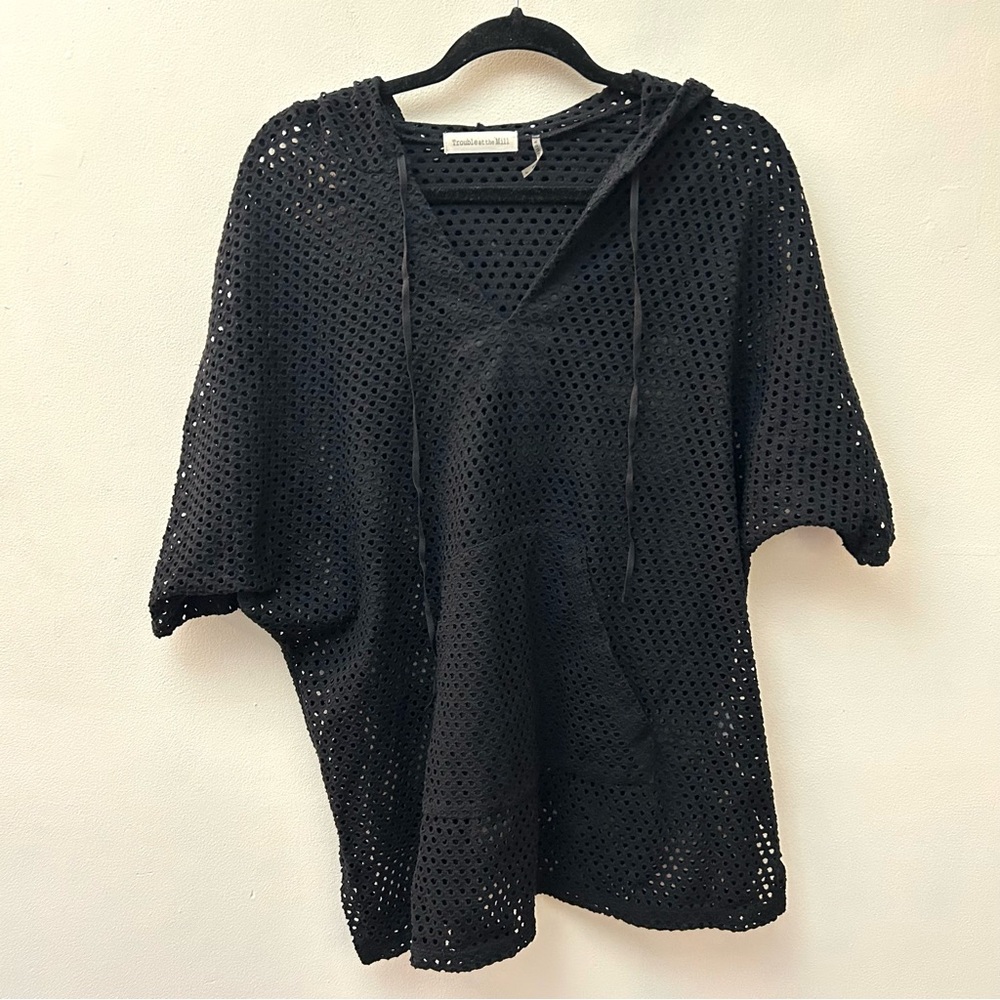 Trouble At The Mill black hooded mesh swim cover up size large